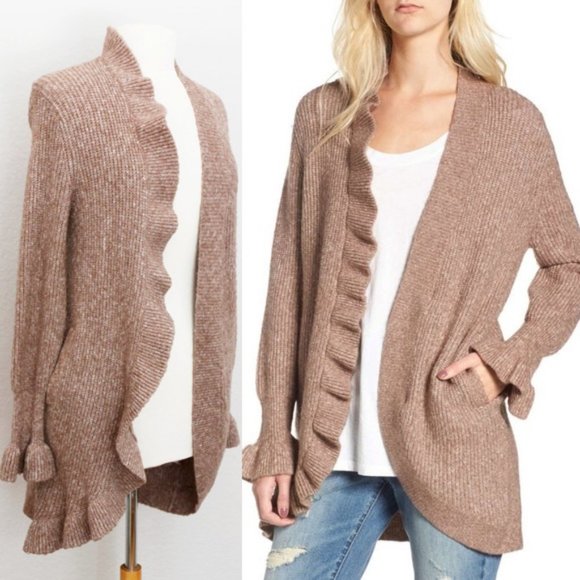 Hinge Nordstrom Ruffle Bell Sleeves Cardigan Dusty Rose Taupe Sweater XS $79 - Picture 1 of 14